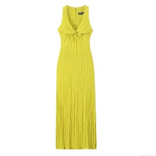 Women Halter Maxi Dress Elegant Plisse Texture Backless Cut Out Knot Detail V Neck Sleeveless Summer Party Evening Long Dress Lime Yellow Solid Color