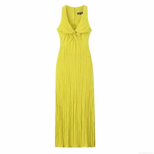 Women Halter Maxi Dress Elegant Plisse Texture Backless Cut Out Knot Detail V Neck Sleeveless Summer Party Evening Long Dress Lime Yellow Solid Color