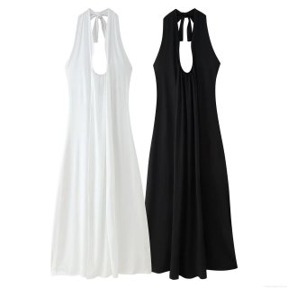Women's Sexy Deep V Neck Halter Backless Maxi Dress Elegant Solid Color Pleated Ruched Evening Party Club Long Gown Celebrity Style Wedding Guest Dress