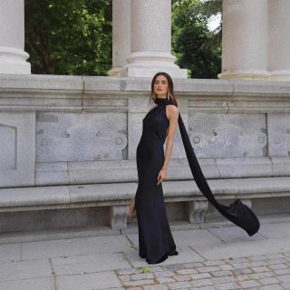 Elegant Black Satin Halter One Shoulder Maxi Dress For Women Backless High Waist Irregular Floor Length Evening Party Banquet Prom Dress With Long Ribbon