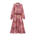 Women's Bohemian Paisley Print Maxi Dress With Belt Elegant Satin Long Sleeve Button Down Shirt Dress Layered Tiered Long Dress For Party Vacation