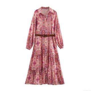 Women's Bohemian Paisley Print Maxi Dress With Belt Elegant Satin Long Sleeve Button Down Shirt Dress Layered Tiered Long Dress For Party Vacation