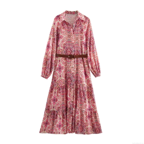 Women's Bohemian Paisley Print Maxi Dress With Belt Elegant Satin Long Sleeve Button Down Shirt Dress Layered Tiered Long Dress For Party Vacation