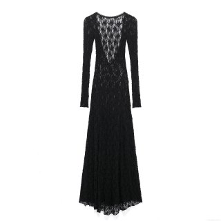 Elegant Black Lace Round Neck Long Sleeve Backless Maxi Dress For Women Party Evening Formal Floral Lace Cutout Long Dress