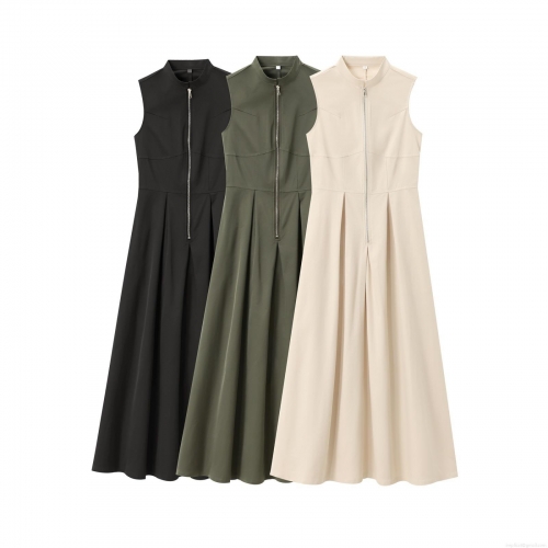 Women's Elegant Sleeveless Stand Collar Maxi Dress Solid Color Zipper Front A-Line Long Dress for Party Commuter Women Polyester Dress