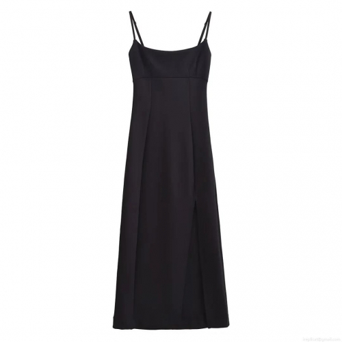 Women's Elegant Solid Color Suspender Maxi Dress With Side Slit Polyester Sleeveless U-Neck Slim Fit Party Evening Long Dress For Ladies