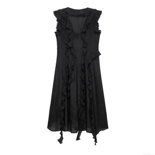 Women's Elegant V-Neck Sleeveless Maxi Dress Ruffle Wrap Solid Black Polyester Irregular Hem Evening Party Long Dress For Lady