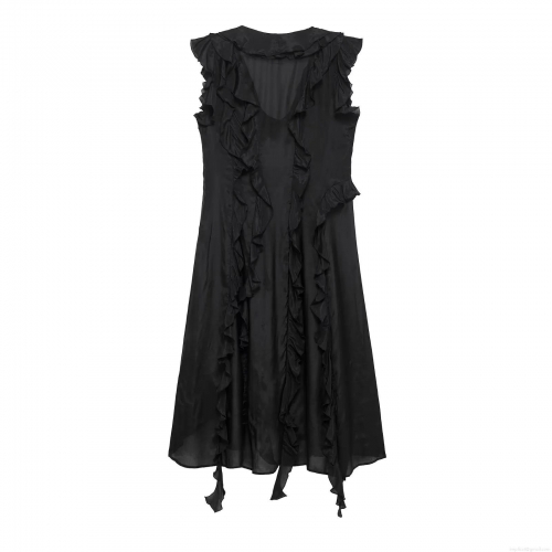 Women's Elegant V-Neck Sleeveless Maxi Dress Ruffle Wrap Solid Black Polyester Irregular Hem Evening Party Long Dress For Lady