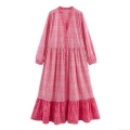 Women's Bohemian Floral Print Maxi Dress V-Neck Long Sleeve Tiered Ruffle Polyester Long Dress Elegant Beach Vacation Party Dress for Women