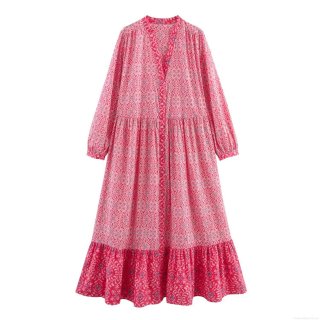 Women's Bohemian Floral Print Maxi Dress V-Neck Long Sleeve Tiered Ruffle Polyester Long Dress Elegant Beach Vacation Party Dress for Women