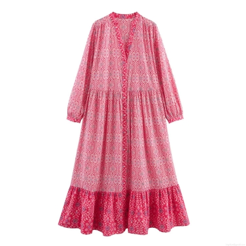 Women's Bohemian Floral Print Maxi Dress V-Neck Long Sleeve Tiered Ruffle Polyester Long Dress Elegant Beach Vacation Party Dress for Women