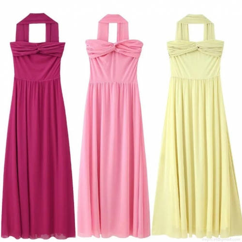 Women Elegant Mesh Halter Maxi Dress Twist Front Pleated Tube Top With Ribbon Solid Color Sleeveless High Waist Party Evening Long Dress