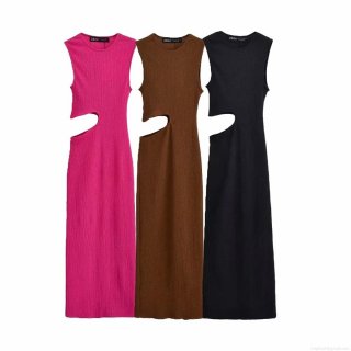 Women Sleeveless Cut-out Maxi Dress Ribbed Knit Polyester Solid Color Round Neck Side Waist Hollow Out Bodycon Slim Fit Long Dress For Party Clubwear Summer Vacation Elegant Lady Style