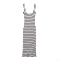Women's Sleeveless U-Neck Striped Maxi Dress Ribbed Knit Polyester Slim Fit Bodycon Navy Blue White Long Tank Dress Summer Casual Vacation Elegant