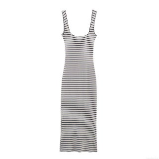 Women's Sleeveless U-Neck Striped Maxi Dress Ribbed Knit Polyester Slim Fit Bodycon Navy Blue White Long Tank Dress Summer Casual Vacation Elegant