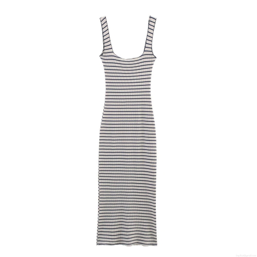 Women's Sleeveless U-Neck Striped Maxi Dress Ribbed Knit Polyester Slim Fit Bodycon Navy Blue White Long Tank Dress Summer Casual Vacation Elegant