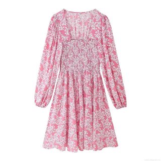 Women's Floral Print Maxi Dress 100% Polyester V Neck Smocking Waist Long Sleeve Elegant Vacation Holiday Casual Large Swing Dress