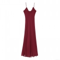 Elegant Wine Red Chiffon V-Neck Maxi Dress For Women Sexy Spaghetti Strap Ruffle Trim Pleated Evening Party Wedding Guest Long Dress