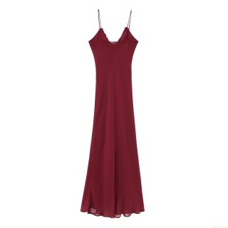 Elegant Wine Red Chiffon V-Neck Maxi Dress For Women Sexy Spaghetti Strap Ruffle Trim Pleated Evening Party Wedding Guest Long Dress