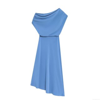 Women's Elegant One Shoulder Maxi Dress Sleeveless Solid Color Draped Asymmetrical Hem Cocktail Party Dress Sky Blue Polyester Evening Gown