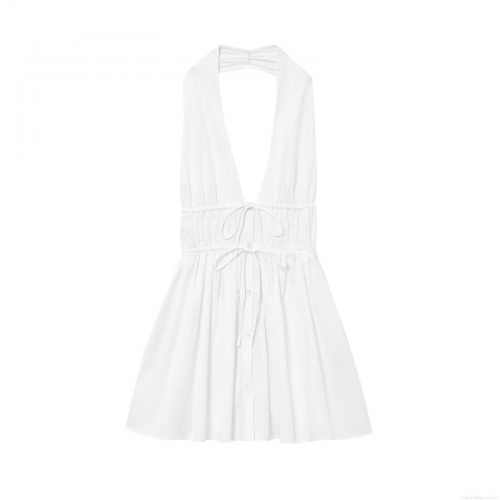 Elegant White Halter Maxi Dress For Women Backless V-Neck Ruched Tie Waist Button Up Sleeveless Polyester Long Dress For Evening Party Wedding Vacation