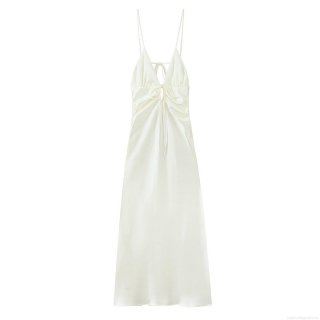 Women Elegant Satin Maxi Slip Dress Sexy V Neck Backless Tie Up Evening Party Dress Solid Cream White Luxury Socialite Long Dress