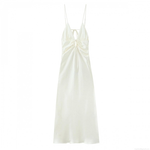 Women Elegant Satin Maxi Slip Dress Sexy V Neck Backless Tie Up Evening Party Dress Solid Cream White Luxury Socialite Long Dress