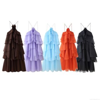 Women's Elegant 3D Flower Halter Maxi Dress Multi-Layer Ruffle Backless Tulle Chiffon Long Evening Gown For Wedding Party Celebration Lady Polyester Clothing