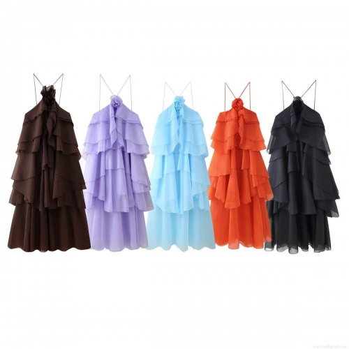 Women's Elegant 3D Flower Halter Maxi Dress Multi-Layer Ruffle Backless Tulle Chiffon Long Evening Gown For Wedding Party Celebration Lady Polyester Clothing