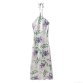 Women's Sexy Halter Neck Floral Print Maxi Dress 100% Polyester Satin Backless Sleeveless Long Dress For Summer Party Evening Elegant Lady