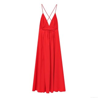 Elegant Red Backless Maxi Dress For Women V Neck Crisscross Strappy Pleated Evening Party Dress Polyester Sexy Sleeveless Long Dress