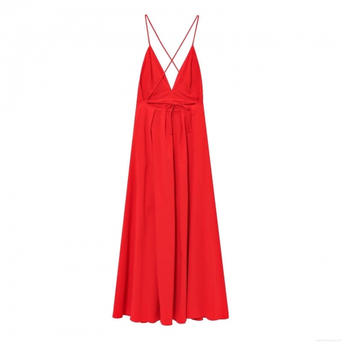 Elegant Red Backless Maxi Dress For Women V Neck Crisscross Strappy Pleated Evening Party Dress Polyester Sexy Sleeveless Long Dress