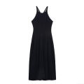 Women Elegant Halter Neck Maxi Dress Drapey Tencel Polyester Spaghetti Strap V-Neck Solid Black Vacation Party Slim Fit Sleeveless Long Dress