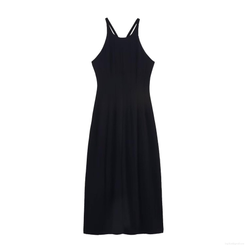 Women Elegant Halter Neck Maxi Dress Drapey Tencel Polyester Spaghetti Strap V-Neck Solid Black Vacation Party Slim Fit Sleeveless Long Dress