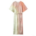 Women's Elegant Gradient Tie-Dye Maxi Dress Satin Polyester Short Bell Sleeve Round Neck Socialite Loose Long A-Line Dress with Waist Tie