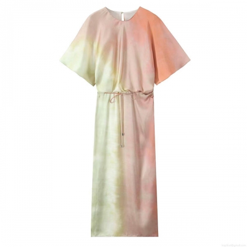 Women's Elegant Gradient Tie-Dye Maxi Dress Satin Polyester Short Bell Sleeve Round Neck Socialite Loose Long A-Line Dress with Waist Tie