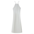 Women Elegant White Backless Satin Maxi Dress Halter Neck Cross Strap Silk Slip Dress For Party Evening Wedding Guest Prom Gown