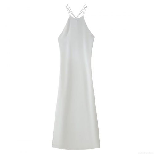 Women Elegant White Backless Satin Maxi Dress Halter Neck Cross Strap Silk Slip Dress For Party Evening Wedding Guest Prom Gown