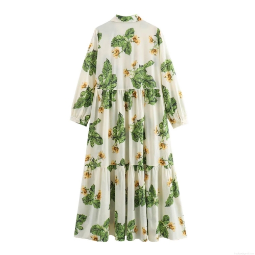 Women's Elegant Floral Print Lapel Long Sleeve Maxi Dress Retro Tiered Cake Skirt Single Breasted Polyester Dress Casual Party Spring Autumn