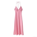 Elegant Pink Satin Halter Backless Maxi Dress For Women Ruffle V-Neck Sleeveless A-Line Party Dress High Quality Smooth Polyester Gown
