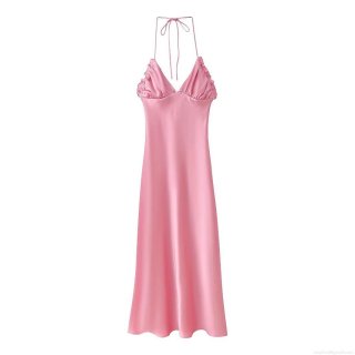 Elegant Pink Satin Halter Backless Maxi Dress For Women Ruffle V-Neck Sleeveless A-Line Party Dress High Quality Smooth Polyester Gown