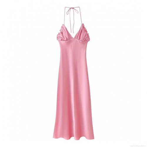 Elegant Pink Satin Halter Backless Maxi Dress For Women Ruffle V-Neck Sleeveless A-Line Party Dress High Quality Smooth Polyester Gown