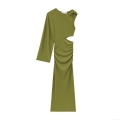 Elegant Olive Green Polyester Maxi Dress Hollow Out Asymmetrical One Sleeve Ruffle Detail Slim Fit Bodycon Long Dress For Women Party Club Night Out Wear