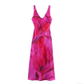 Elegant Floral Print Satin Maxi Dress V Neck Halter Backless Knot Hollow Out Split Long Dress For Women Evening Party Summer Sexy Sundress