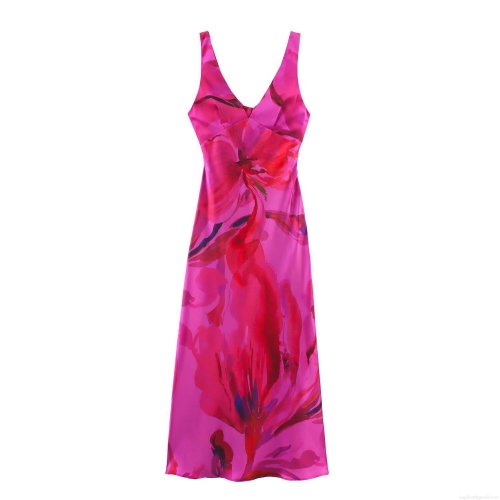 Elegant Floral Print Satin Maxi Dress V Neck Halter Backless Knot Hollow Out Split Long Dress For Women Evening Party Summer Sexy Sundress