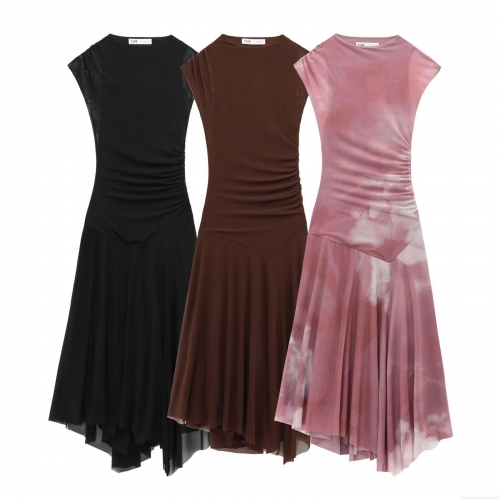 Women's Ruched Mesh Maxi Dress Sleeveless Round Neck Irregular Hem Tie-Dye Solid Bodycon Sexy Long Dress for Party Evening Night Lady