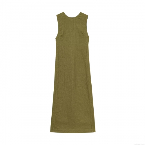 Minimalist Women Cotton Linen Sleeveless Maxi Dress Elegant Round Neck Backless V-cut H-Line Long Dress For Summer Vacation Daily Wear Breathable