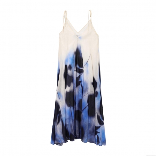 Elegant V-Neck Spaghetti Strap Maxi Dress Artistic Ink Wash Tie-Dye Print Sleeveless Long Dress For Women Summer Beach Vacation Party