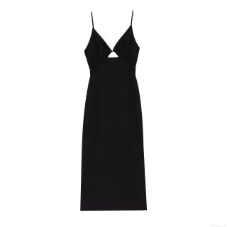 Sexy V Neck Cut Out Maxi Dress For Women Elegant Solid Black Polyester Linen-like Fabric Slip Dress With Side Slit Adjustable Spaghetti Straps Slim Fit Evening Party Cocktail Dress