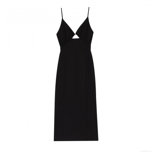 Sexy V Neck Cut Out Maxi Dress For Women Elegant Solid Black Polyester Linen-like Fabric Slip Dress With Side Slit Adjustable Spaghetti Straps Slim Fit Evening Party Cocktail Dress